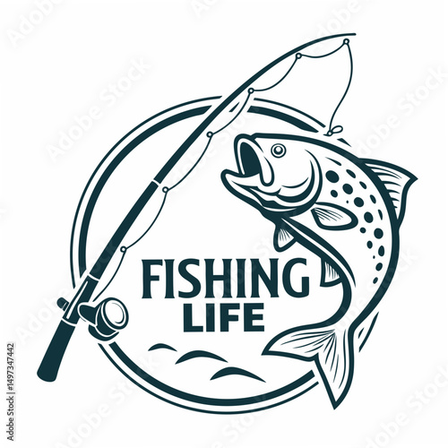 Vector graphic of a fishing themed emblem depicting rod fish and waves emblem suitable for outdoors design projects
