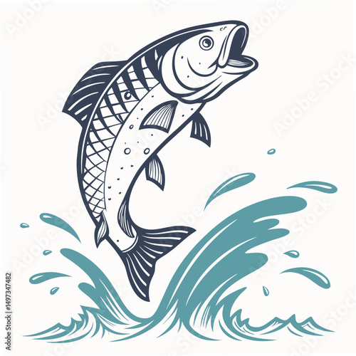 Vector illustration of a dynamic jumping fish design with water splash elements on a white background