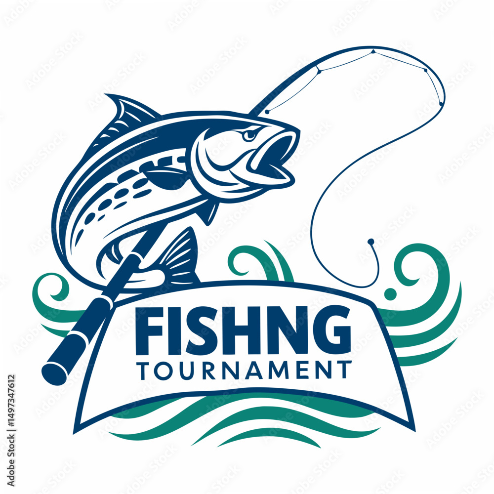 Obraz premium Vector illustration of a fishing tournament logo featuring a jumping fish and fishing rod with transparency