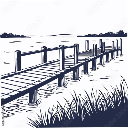 Vector illustration of a pier extending over a calm lake featuring grass elements and a scenic landscape view suitable for various design applications.