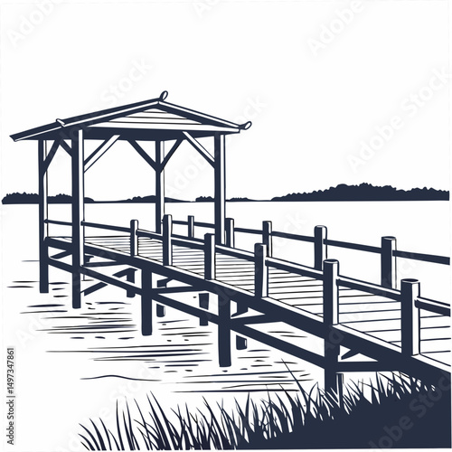 Vector illustration of a serene pier with a gazebo over water on a white background perfect for graphic design