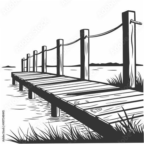 Wooden pier extending into water with rope railing and grass vector illustration on a transparent background