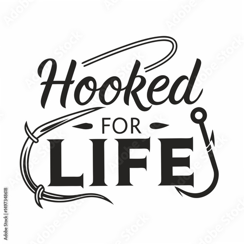 "hooked for life" typography with fishing hooks suitable for various designs and transparent background for easy integration.