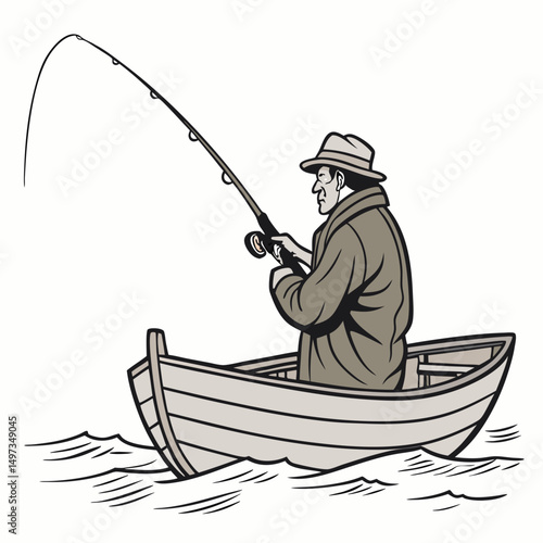 An illustration of a man fishing on a boat with a fishing rod in a calm lake on a white background