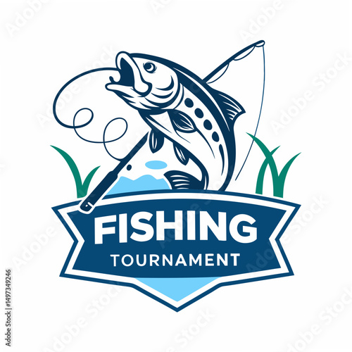 Artistic illustration depicting a stylized fish jumping with a fishing rod for a tournament design