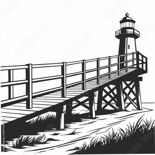 Black and white illustration of a coastal lighthouse at the end of a wooden pier with decorative railing near a grassy area.