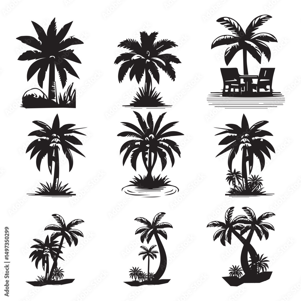 Naklejka premium Palm Tree Silhouettes Tropical Paradise Scenery vector art in Adobe Illustrator Artwork