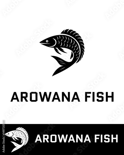 Stylized arowana fish logo in a dynamic and minimal design in black and white vector