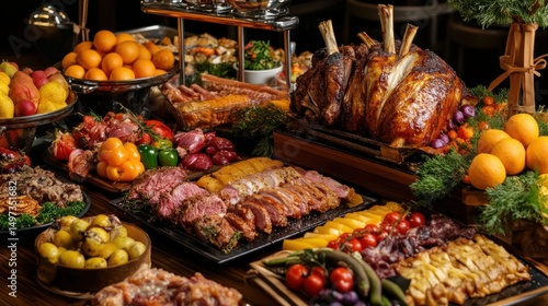 A Luxurious Festive Feast: Roasted Turkey, Meats, and Abundant Sides