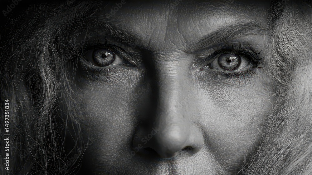 Obraz premium Close-up grayscale portrait of a mature woman.