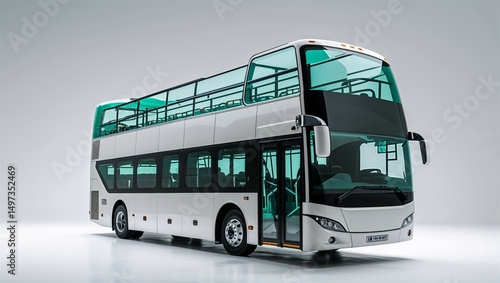 Sightseeing bus side profile with high-deck layout and panoramic top on white background
