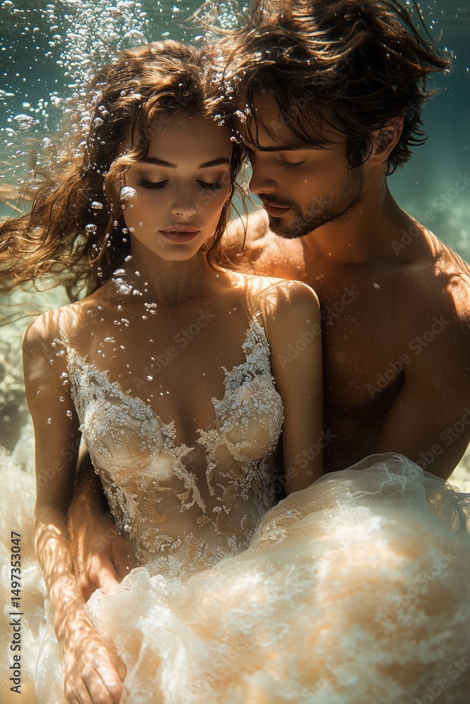 Obraz premium an underwater wedding shoot with the couple posing creatively, holding hands and spinning as the brides dress swirls around them, soft natural light