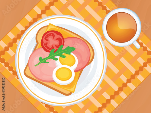 Open sandwich with ham, egg and cheese on a plate top view vector illustration. Toasted bread and cup of tea on a wooden table above view vector. Breakfast on the table drawing