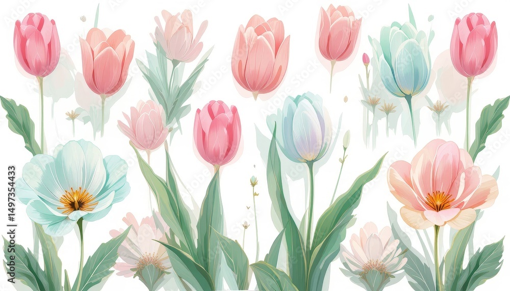 Vibrant flower arrangement showcasing tulips and poppies nature scene digital art bright background aesthetic composition Vibrant flower arrangement showcasing tulips and poppies nature scene digital art bright background aesthetic composition