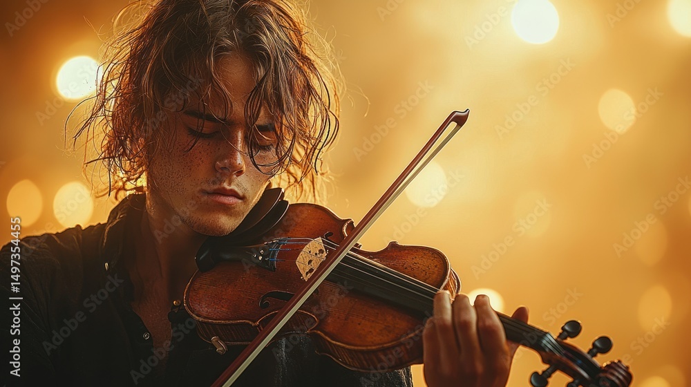 Fototapeta premium Young Man Playing the Violin with Golden Light in the Background
