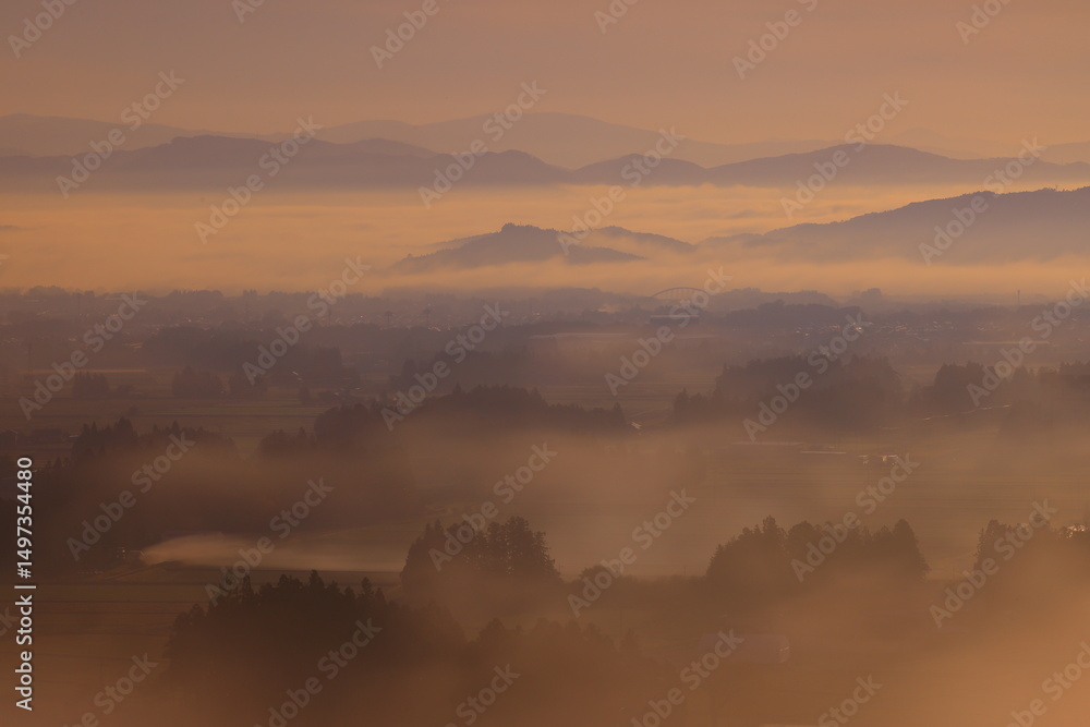 Fototapeta premium 岩手県花巻市 朝の田園風景