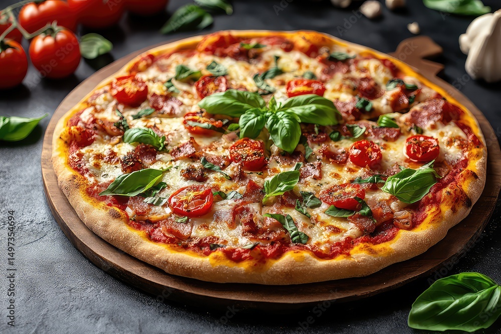 a homemade pizza topped with fresh basil, tomatoes, and mozzarella a homemade pizza topped with fresh basil, tomatoes, and mozzarella