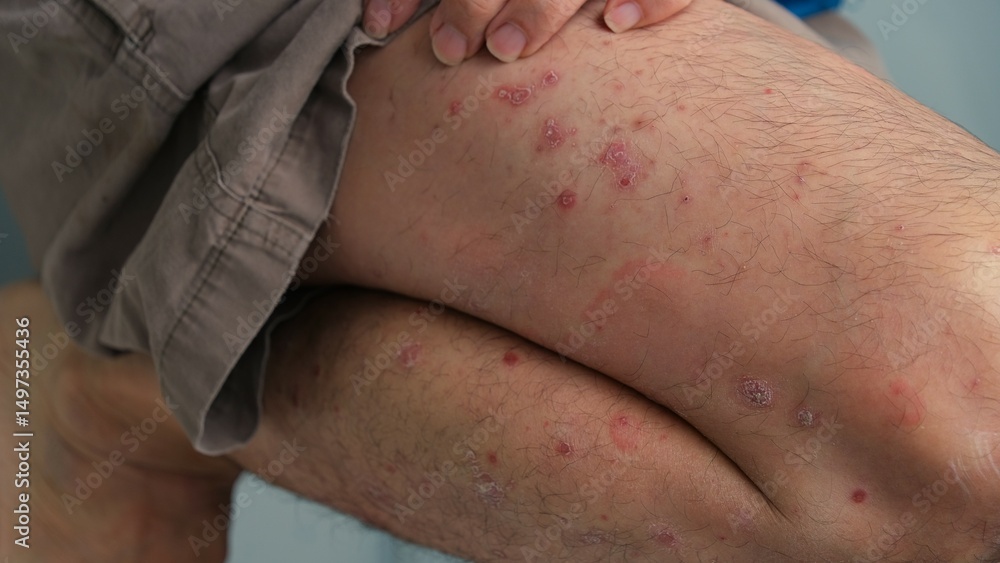 Fototapeta premium A man with chronic small plaque Psoriasis on his legs.