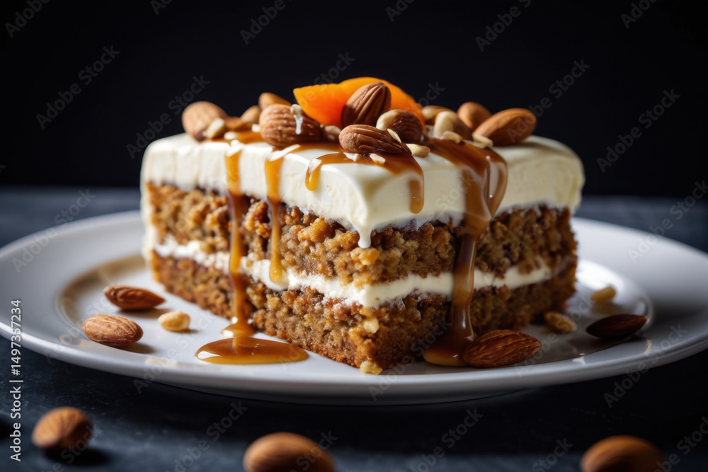 Freshly baked carrot cake served on a white plate, perfect for a snack or dessert Freshly baked carrot cake served on a white plate, perfect for a snack or dessert