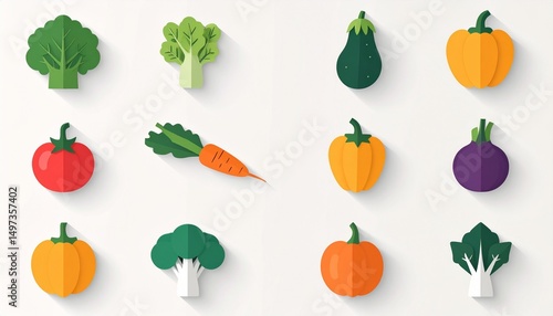 Minimal Vegetable Icons Set with Paper Cut Out Effect