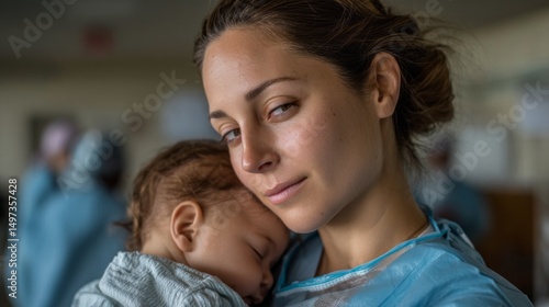 In a healthcare environment, a woman wears a blue hospital gown while gently holding a sleeping baby. Caregivers are seen in the background, creating a comforting atmosphere.