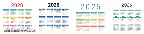 English calendar 2026 year collection. Square vector pocket or wall calender design template set. Week starts on Sunday