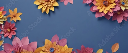 Brightly colored paper blooms, blue background, ample empty area,  art,  handmade, paper flower