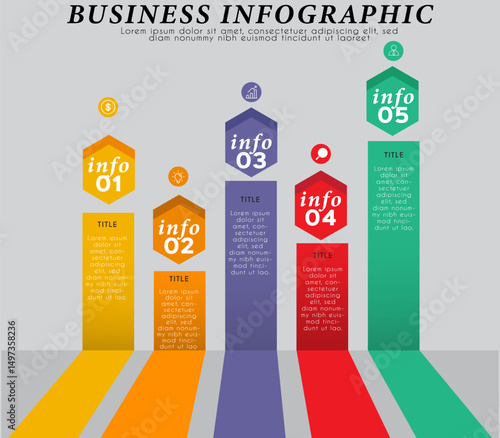  Modern Business Infographic with Hexagonal Information Boxes, 3D Design, Step Layout, Colorful Data Visualization, Financial  Marketing, Presentation, Strategy Concept