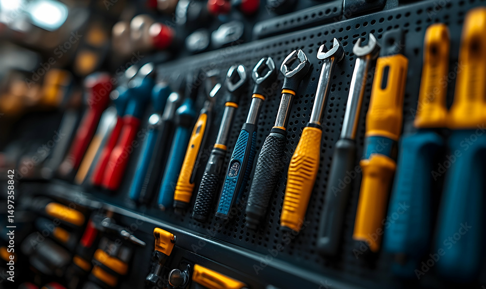 Organized toolbox wall display of various tools Organized toolbox wall display of various tools