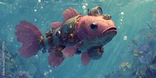 Pink fish with steampunk details underwater scene