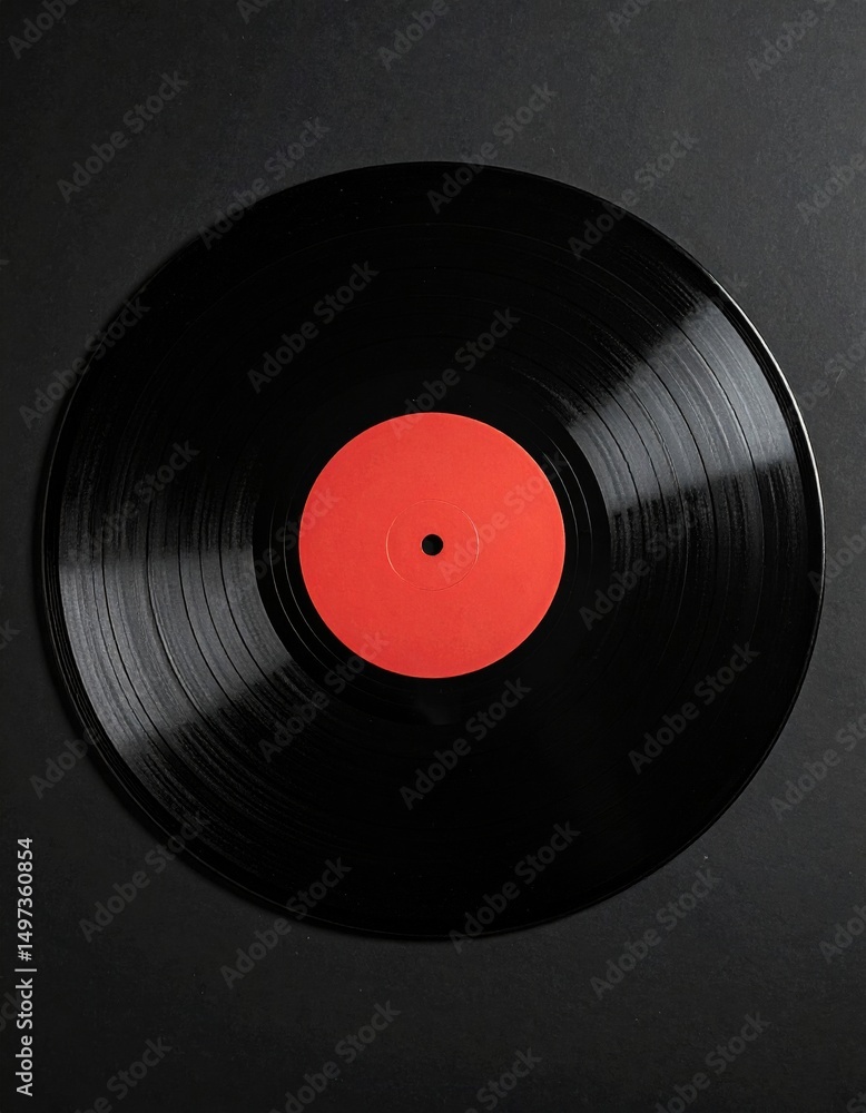 Obraz premium A black vinyl record with a bold red label rests on a dark backdrop, sparking nostalgia.