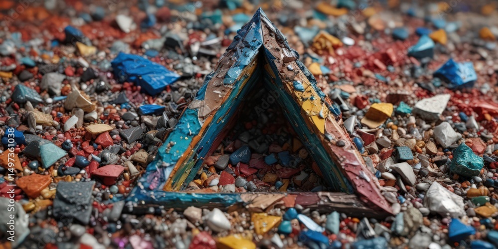 Fototapeta premium Abstract macro shot of recycled materials forming a triangle shape, multicolored background , environmental, texture, visual