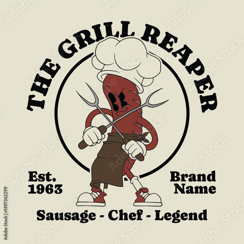 retro cartoon emblem of sausage chef mascot