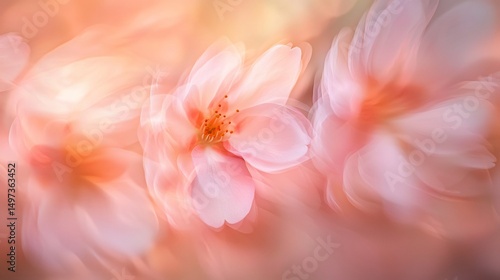 Close up shot of cherry blossom petals motion backlit by soft sunlight petals glowing and textured blurred pastel bokeh background shot at f35 with a 100mm macro lens no humans no text