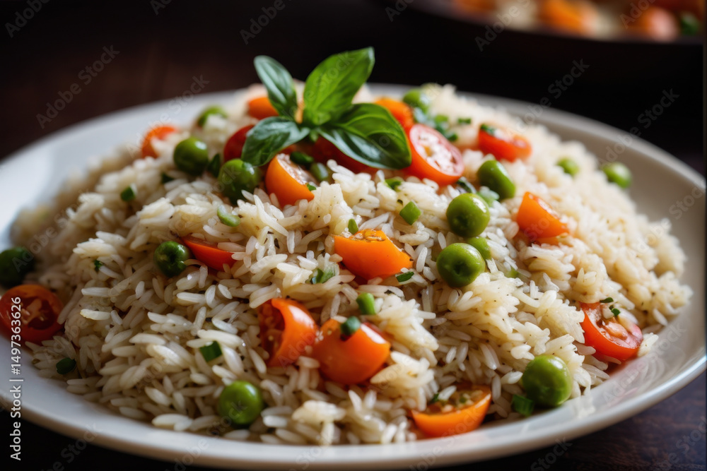 A simple meal of rice and mixed vegetables served on a white plate A simple meal of rice and mixed vegetables served on a white plate