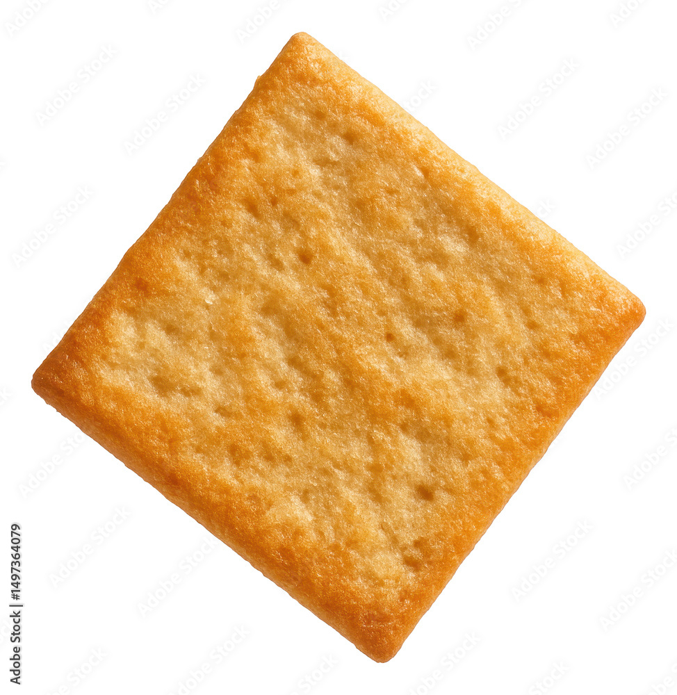 Fototapeta premium Close-up of a single square golden cracker with a textured surface on transparent background.