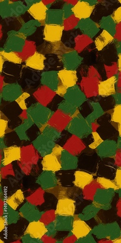 Pan-African abstract mosaic pattern with red, black, green, gold square brush strokes. Perfect for Juneteenth, Kwanzaa, Black History Month, heritage visuals, activist design, cultural pride themes