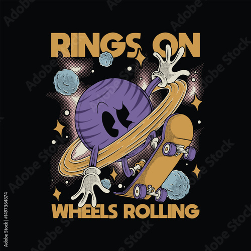 retro cartoon emblem of saturn planet mascot riding skateboard