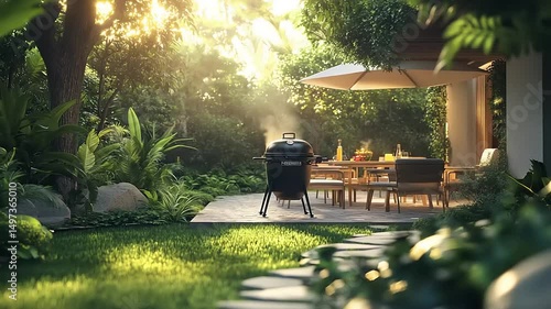 Serene backyard barbecue scene with grill, dining area, lush greenery, and sunlight filtering through trees