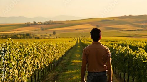 Man Contemplates Vineyard at Sunrise