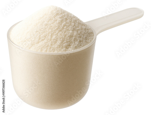 Measuring scoop filled with white protein powder isolated on transparent background.