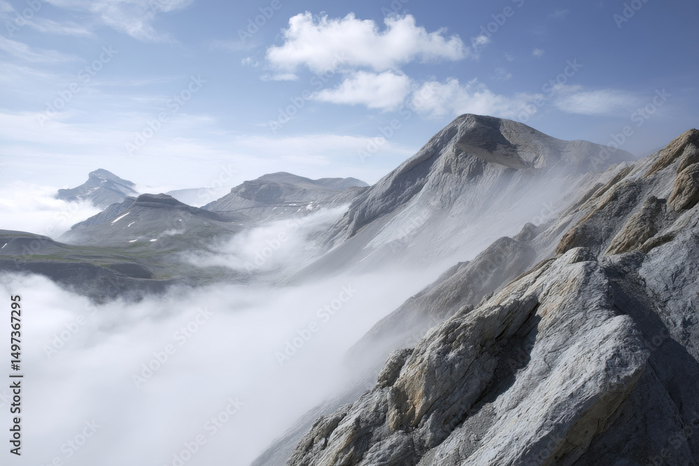 Fototapeta premium breathtaking view of mont perdido majestic and towering with clouds gracefully enveloping its summit