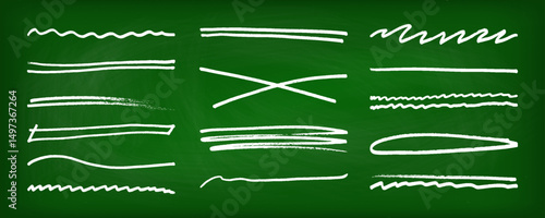 Underline stroke chalk scribbles doodle line collection on chalkboard. Hand drawn outline sketch wave brush mark elements crosshatch rough dividers set for text highlight underline emphasis