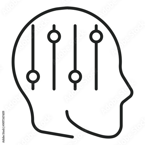Head outline with sliders inside shows ideas. Think of mind control or settings for the brain with simple line art.