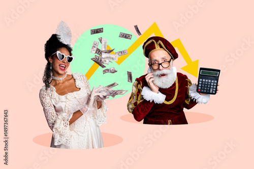 Εκτύπωση καμβά Composite collage design of trade market dollars investment wealth young lady re