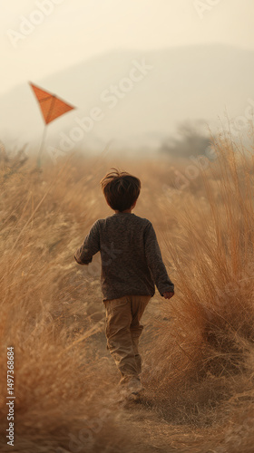 A child running through tall grass with a kite in hand during sunset, exploring nature with joy and curiosity, showcasing a serene rural landscape