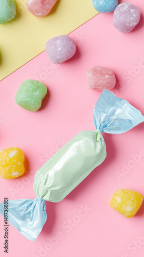 Colorful candy wrappers surrounded by vibrant pastel gumdrops on a bright pink and yellow background creating a cheerful and playful atmosphere