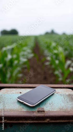 A smartphone rests on a tractor dashboard, surrounded by rows of green corn plants under a cloudy sky, evoking a sense of rural life and technology in harmony