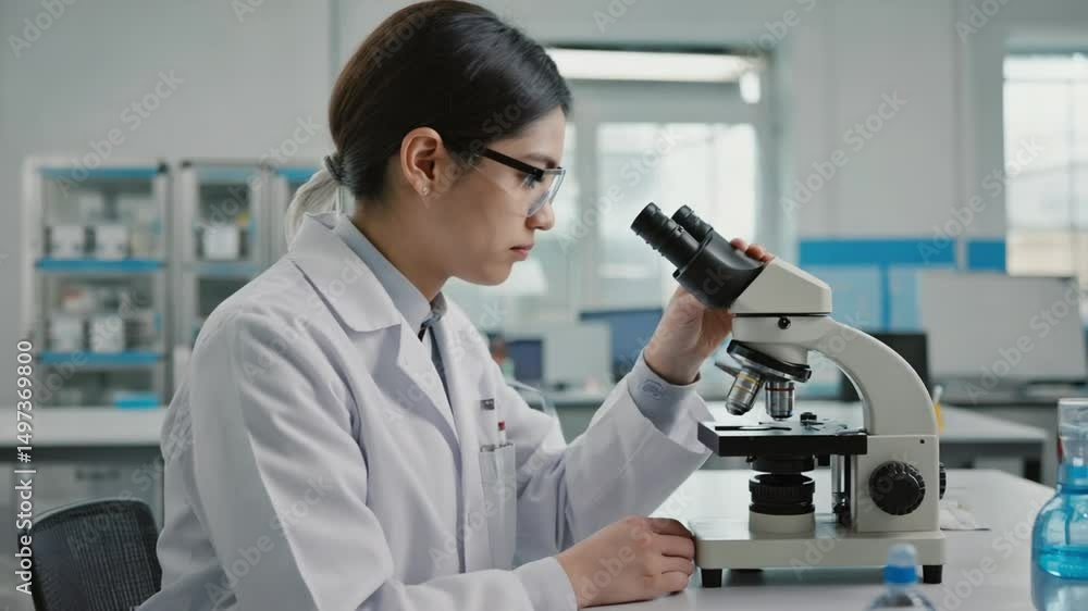 Female scientist in a lab coat looking into a microscope. Ideal for science, research, and medical themes. Perfect for innovation, biology, and laboratory work concepts Female scientist in a lab coat looking into a microscope. Ideal for science, research, and medical themes. Perfect for innovation, biology, and laboratory work concepts