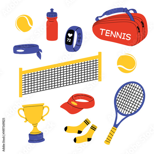 Tennis equipment set with racket, net, bag, balls, bottle, trophy, smartwatch, socks, cap and accessories. Flat vector illustration isolated on white.